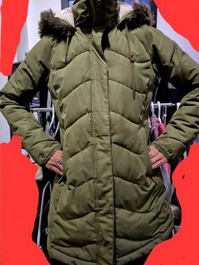 Roxy Olive Green Quilted Women's Puffer Coat with Faux Fur Hood
